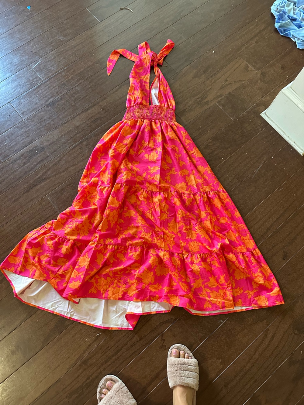 Bright Pink and Orange Floral Halter Maxi Dress